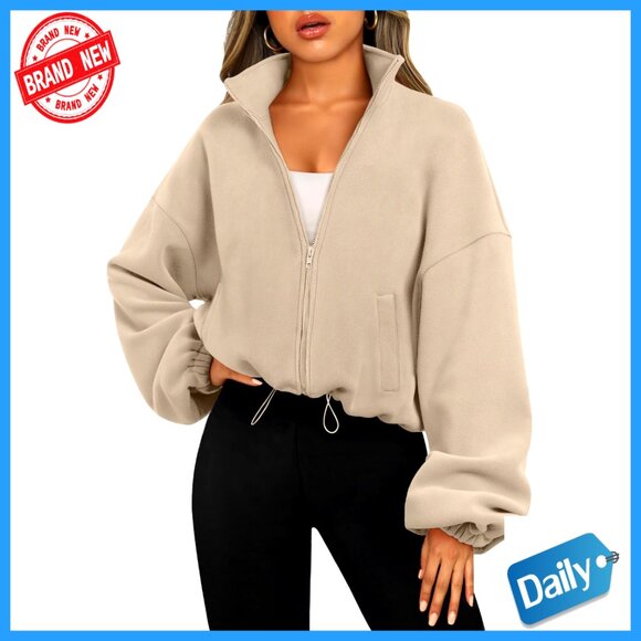 Oversized Fleece Jacket Crop Zip Sherpa Long Sleeve Winter Sweatshirt